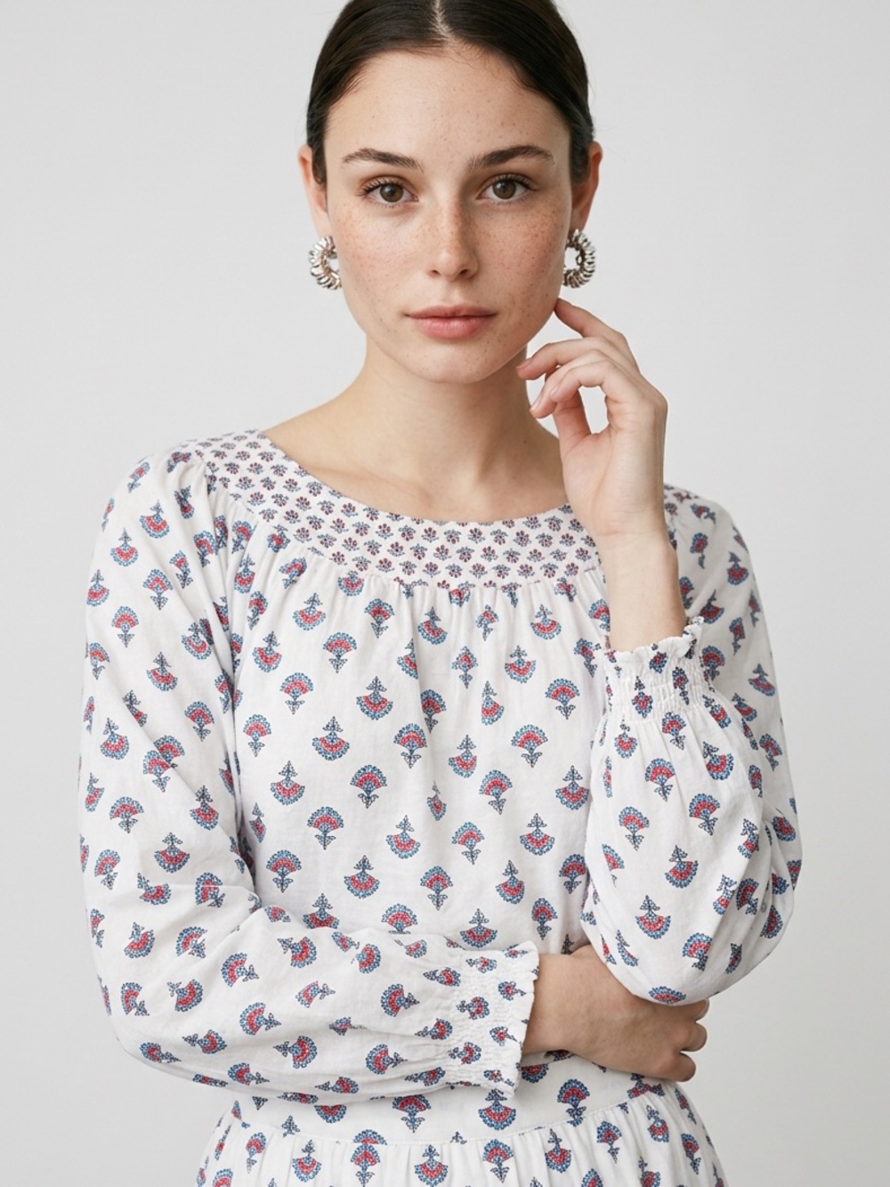 Ann Taylor Block Print Smocked-Neck Peasant Blouse
